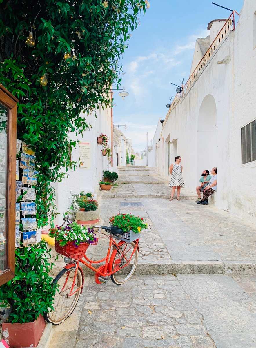bicycle parked on the side of a narrow street