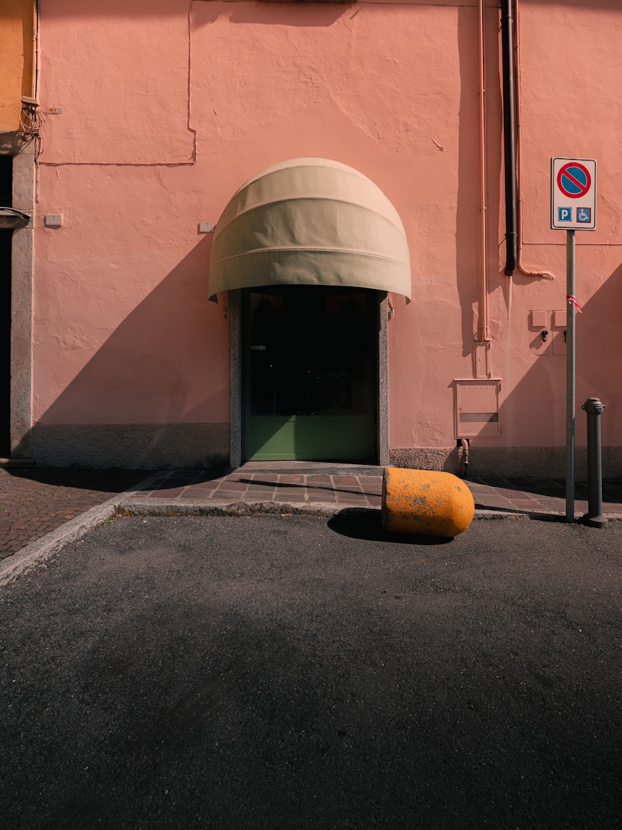 A building entrance with a unique shade.